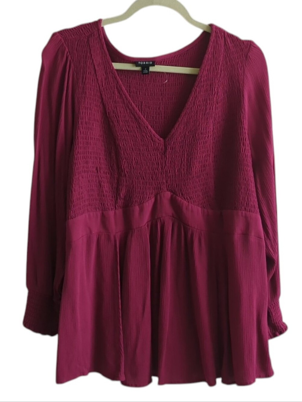 Torrid Purple Smocked Bodice & Cuffs V-neck Long Sleeve Pullover Top Size 2X